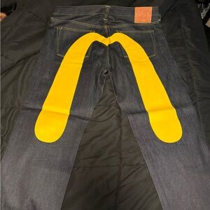 Evisu jeans hard denim yellow brush stroke